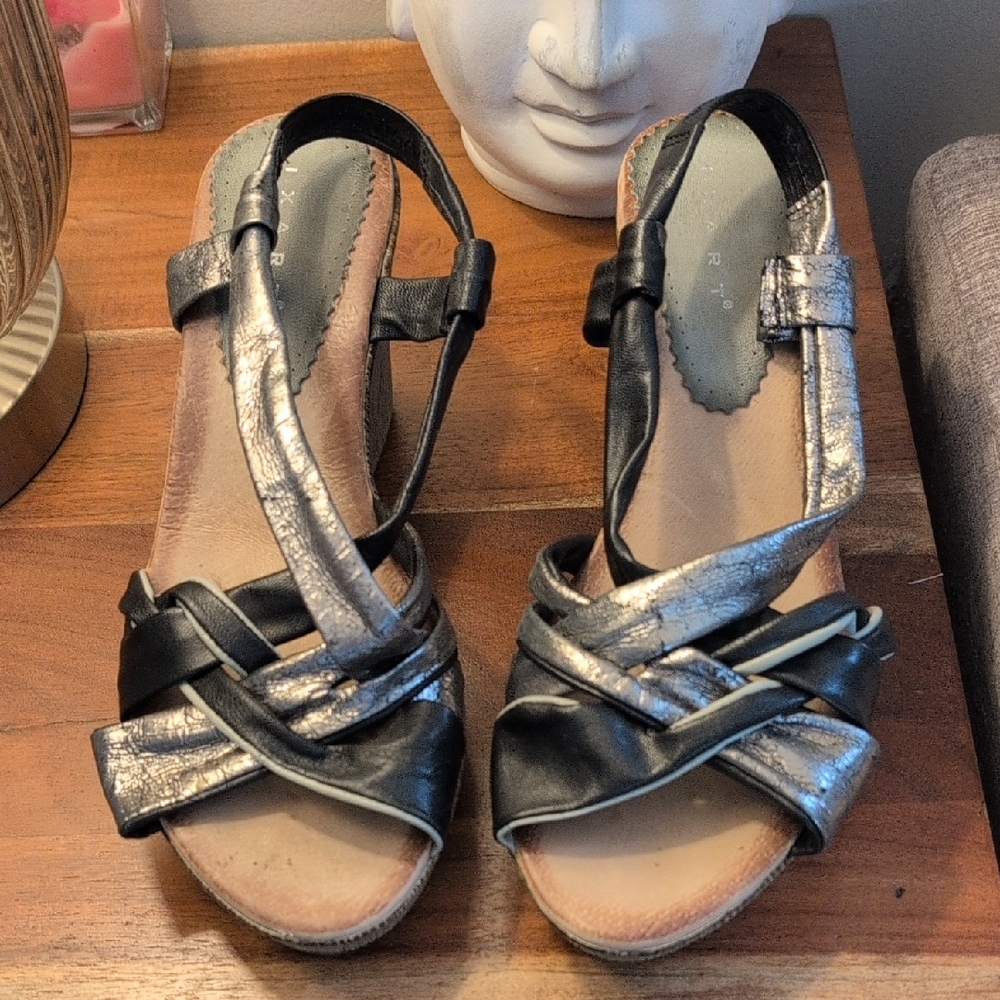 Black and Silver Strappy Sandals with Ankle Strap